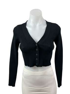 Windsor Black Ribbed Knit Long Sleeve V Neck Button Up Cardigan Crop Top Size S